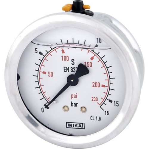 Glicerines csillapítású nyomásmérő óra (manométer), Ø63 mm, 1/4"-os hátsó csatlakozóval 0-16 bar